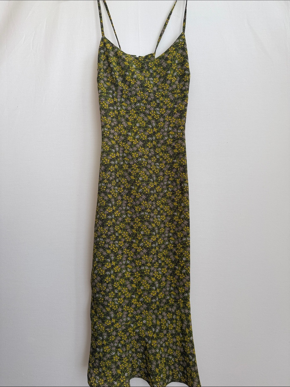 Express Olive Floral Slip Midi Dress with Yellow Accents